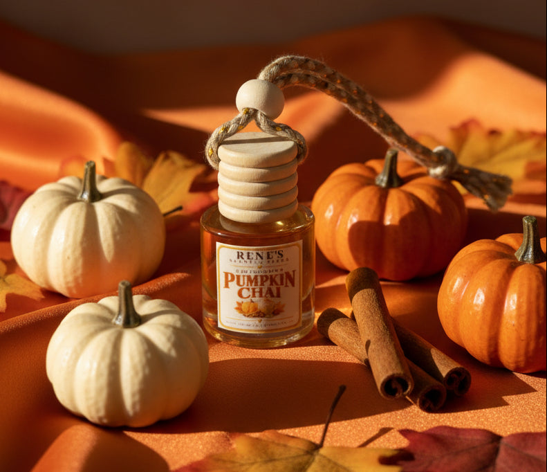 Pumpkin Chai hanging car freshener surrounded by orange and white pumpkins, cinnamon sticks and autumn leaves on warm orange fabric
