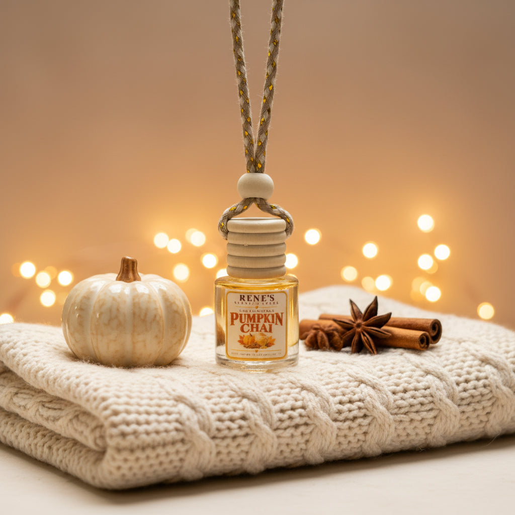 Pumpkin Chai hanging car freshener displayed on a cream knit blanket with a white pumpkin, cinnamon sticks and star anise against warm golden lights.