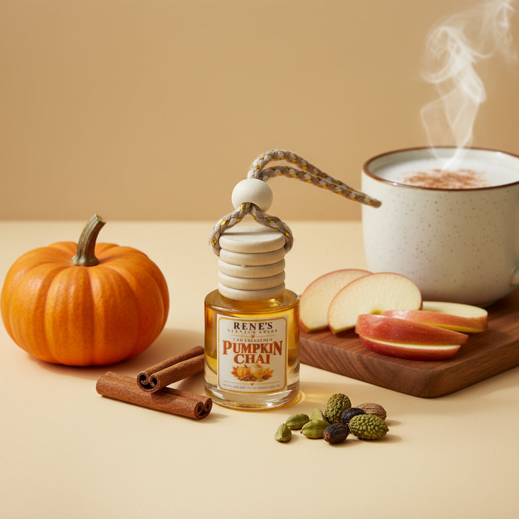 Pumpkin Chai hanging car freshener styled with pumpkin, sliced apples, cinnamon sticks, cardamom and a warm chai drink.