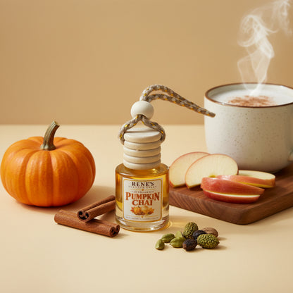 Pumpkin Chai hanging car freshener styled with pumpkin, sliced apples, cinnamon sticks, cardamom and a warm chai drink.