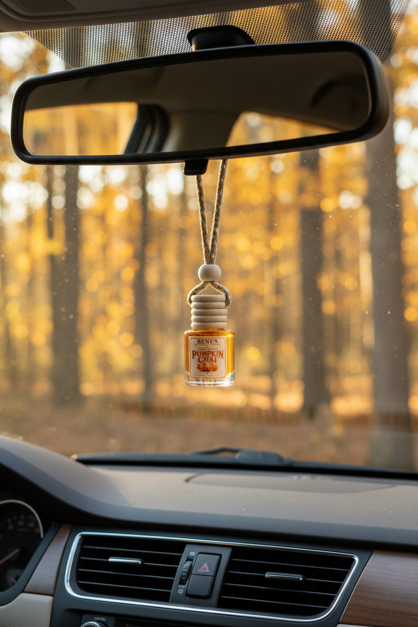 Pumpkin Chai hanging car freshener displayed from a rearview mirror with golden autumn trees visible through the windshield.