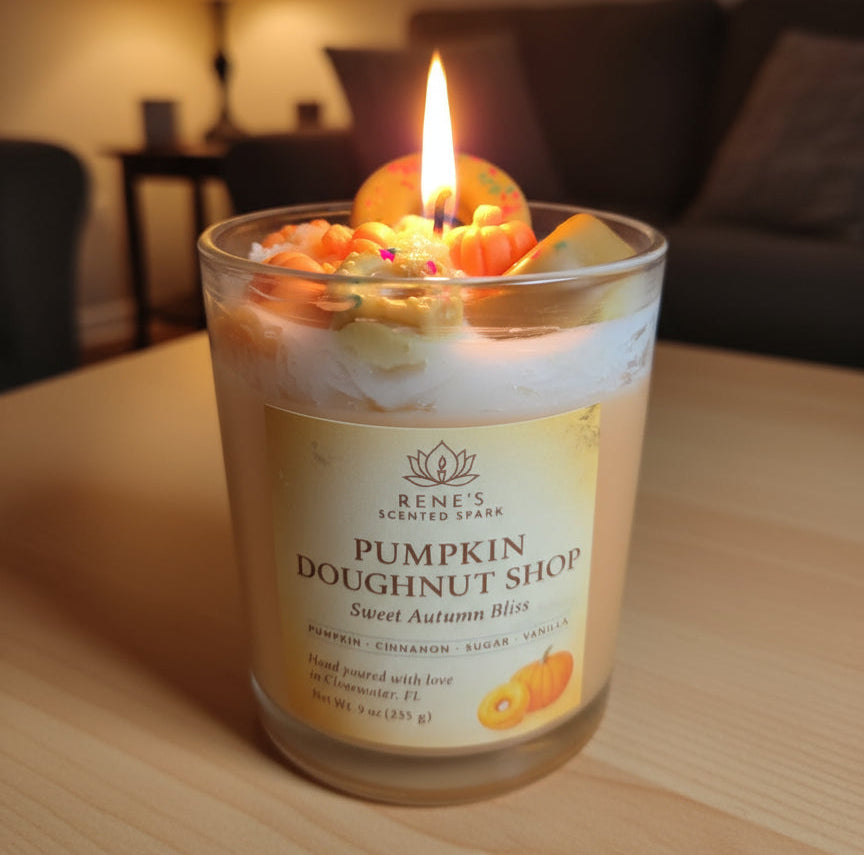 Candle in a glass jar labeled 'Pumpkin Doughnut Shop' by Rene's Scented Spark on a light purple background.