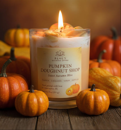 Candle in a glass jar labeled 'Pumpkin Doughnut Shop' with a pink background