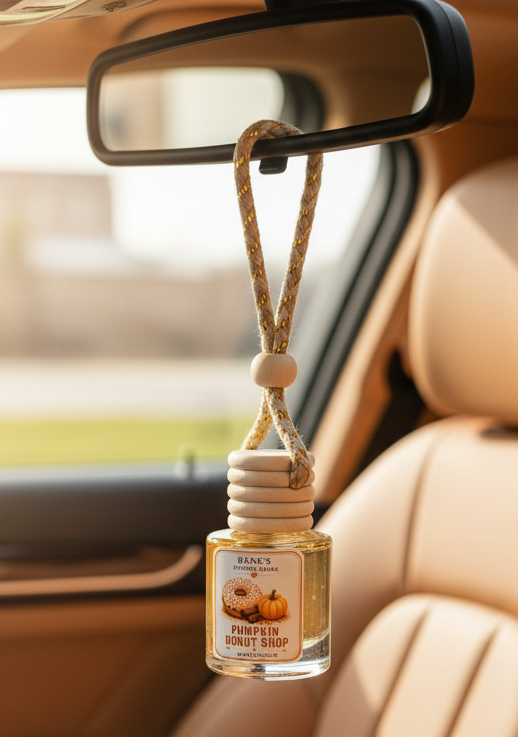 Pumpkin Donut Shop hanging car freshener by Renes Scented Spark displayed from a rearview mirror inside a car with a warm tan interior.