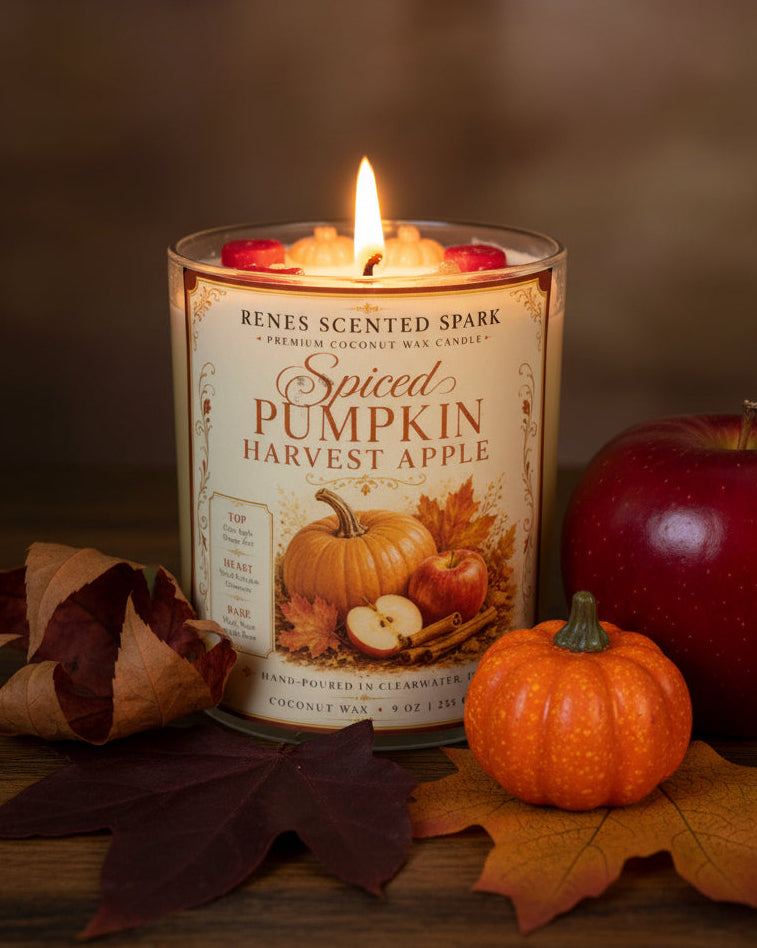 Spiced Pumpkin Harvest Apple coconut wax candle burning beside a red apple, orange pumpkin, and autumn leaves in a warm fall setting.