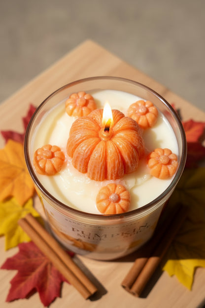 Candle labeled 'Pumpkin Milk & Spice' with a decorative pumpkin on a wooden surface.