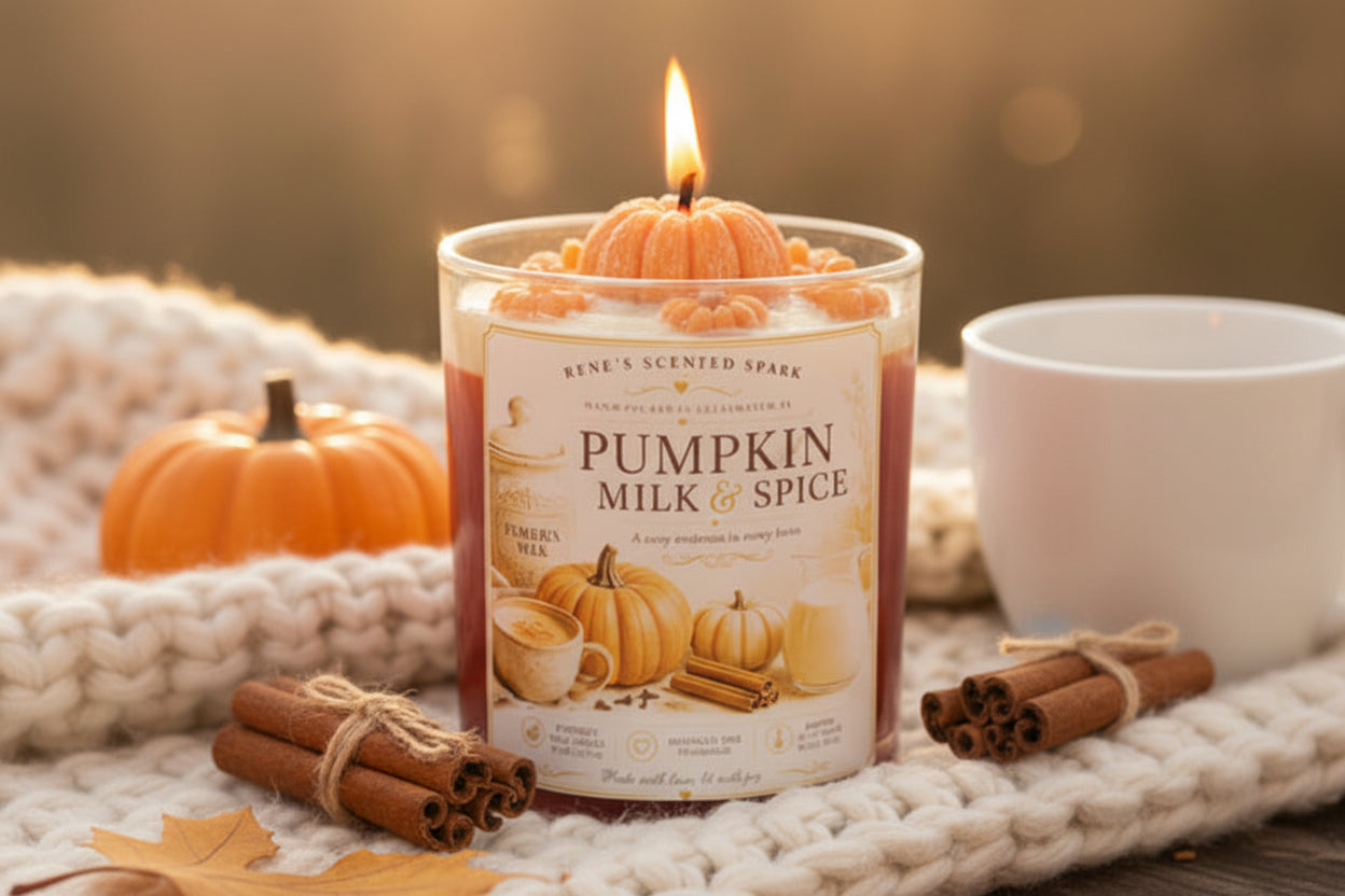 Candle labeled 'Pumpkin Milk & Spice' with pumpkins and cinnamon sticks on the label.