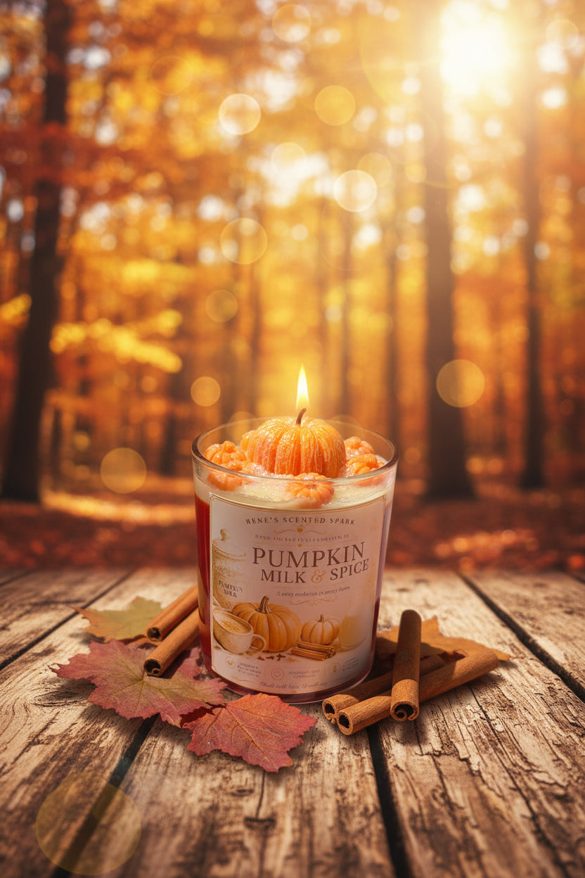 Pumpkin-themed candle with decorative pumpkins on a wooden surface