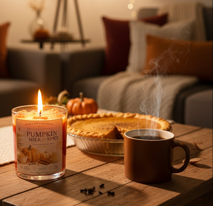 Lit Pumpkin Milk & Spice coconut wax candle by Rene's Scented Spark displayed beside a steaming cup of coffee and a freshly baked pumpkin pie on a rustic coffee table in a cozy autumn living room.