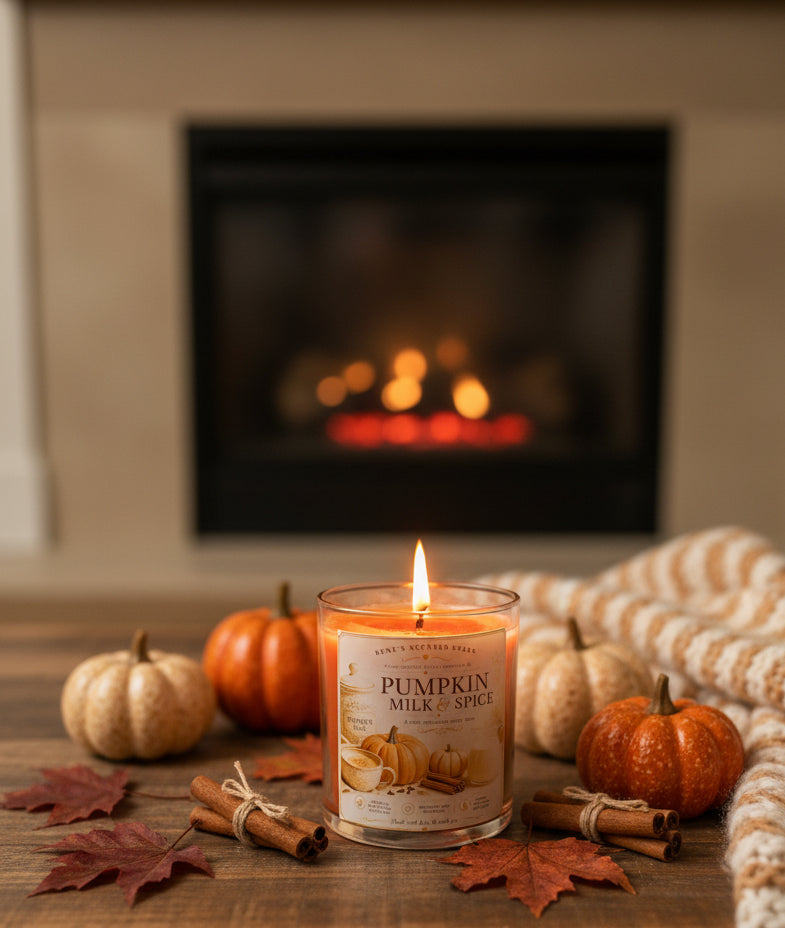 Lit Pumpkin Milk & Spice coconut wax candle by Rene's Scented Spark displayed beside mini pumpkins, cinnamon sticks, autumn leaves, and a cozy blanket with a glowing fireplace in the background