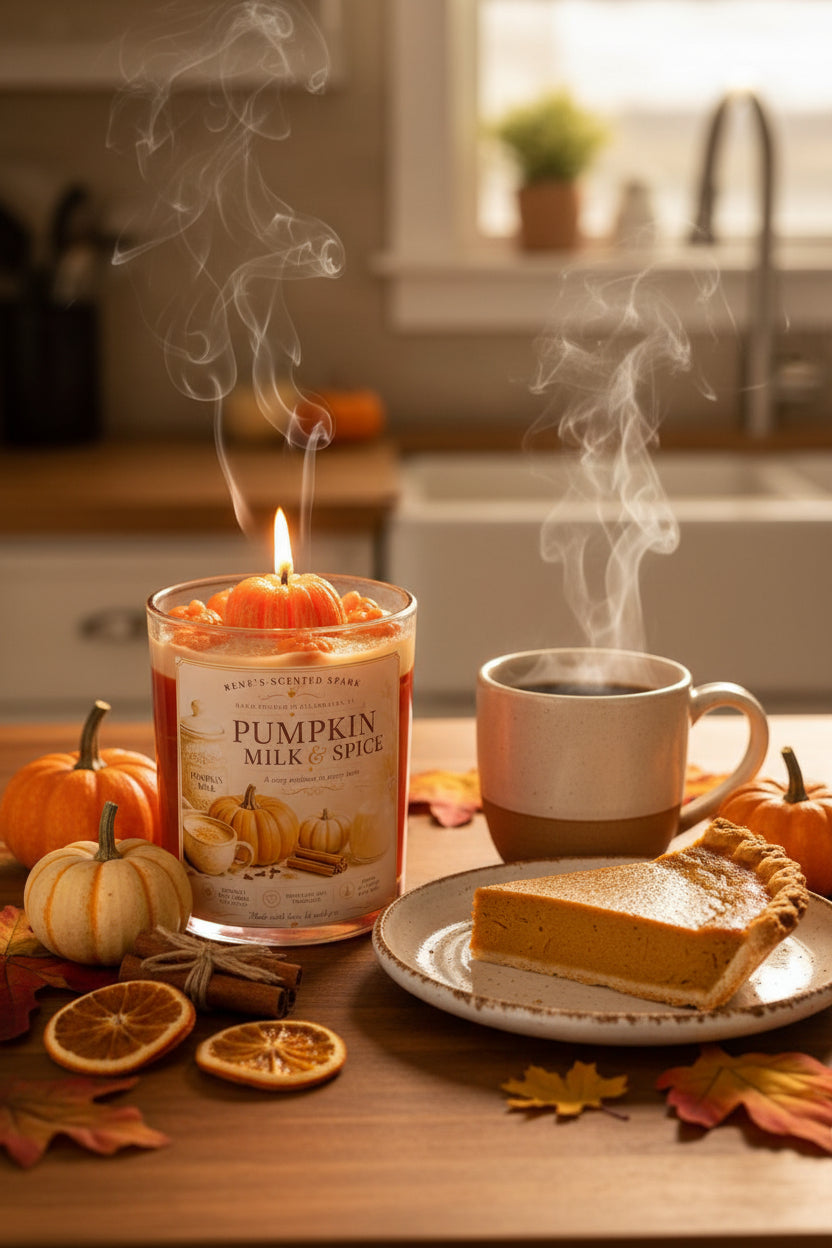 Lit Pumpkin Milk & Spice coconut wax candle by Rene's Scented Spark with a handcrafted pumpkin wax topper, displayed beside a steaming cup of coffee, pumpkin pie, and mini pumpkins in a cozy autumn kitchen.