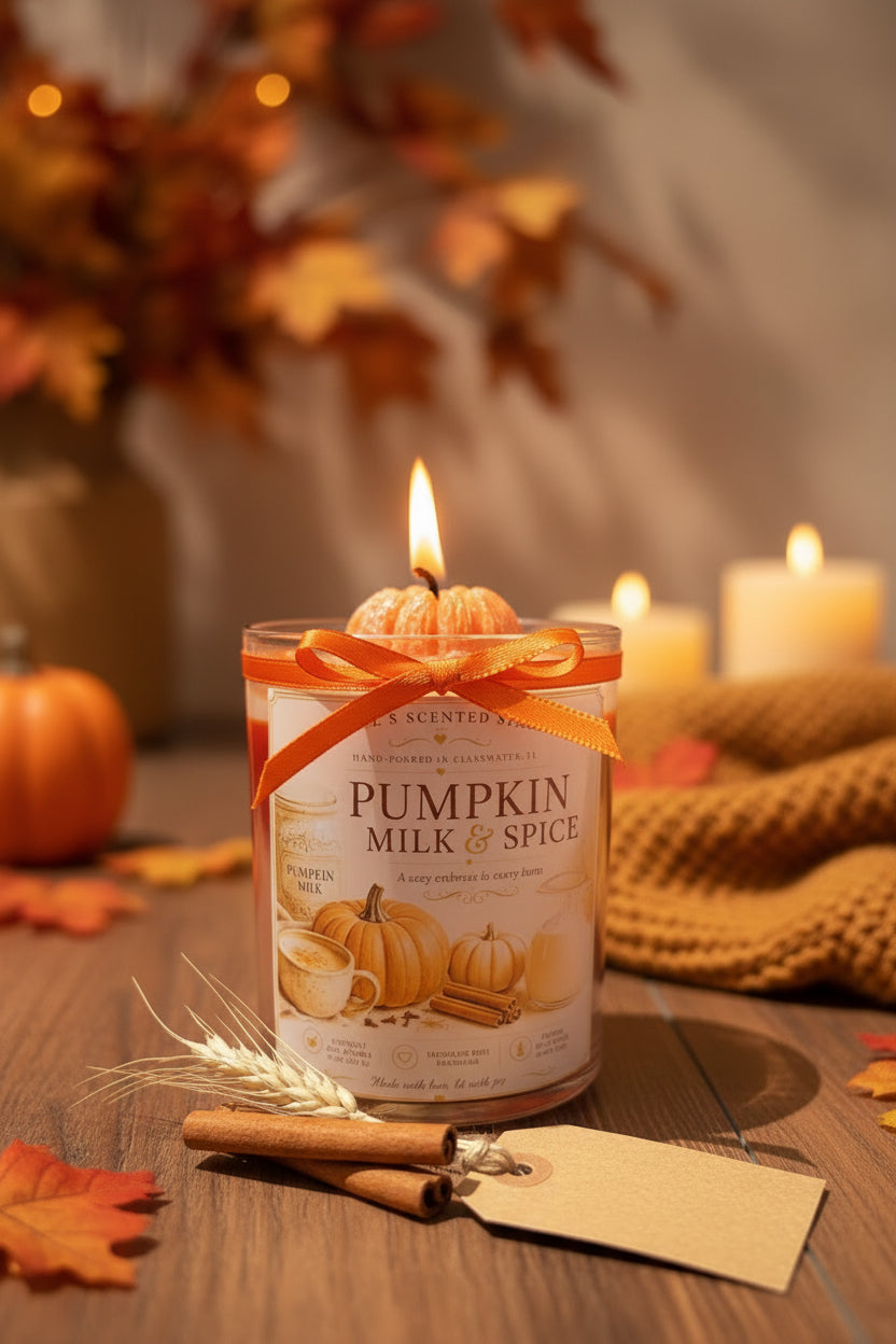 Pumpkin milk and spice candle with autumn decorations on a wooden surface