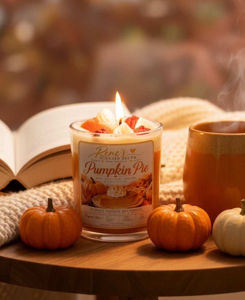 Pumpkin Pie coconut wax candle by Rene’s Scented Spark glowing on a cozy fall side table with decorative wax toppings, miniature pumpkins, a warm mug, knit blanket, and open book.