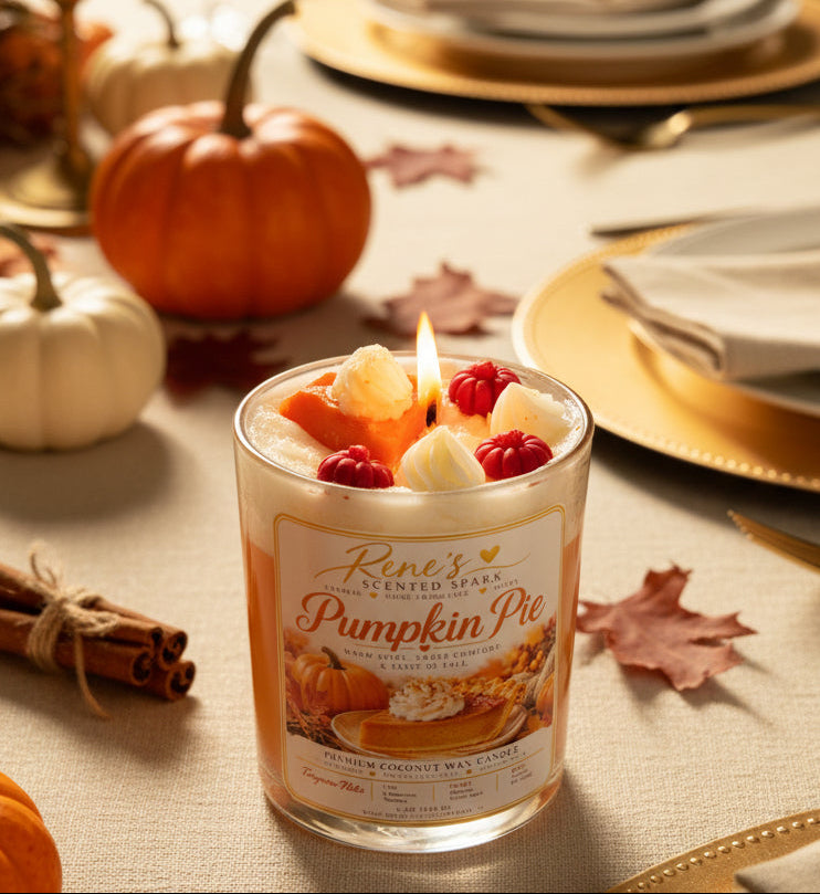 Pumpkin Pie coconut wax candle by Rene’s Scented Spark glowing on an elegant fall Thanksgiving table with orange and white pumpkins, cinnamon sticks, autumn leaves, and warm seasonal place settings.