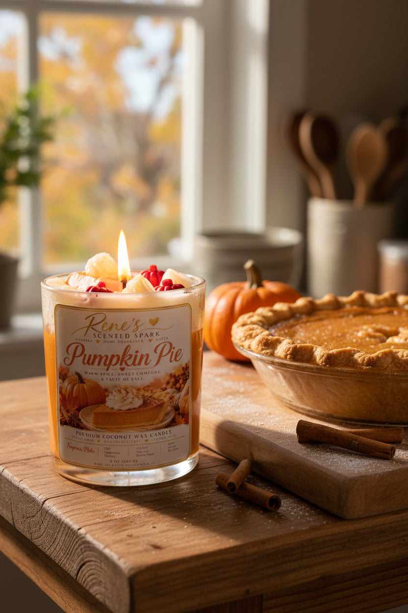 Pumpkin Pie coconut wax candle by Rene’s Scented Spark glowing on a rustic kitchen table beside a fresh pumpkin pie, cinnamon sticks, and a small pumpkin in a warm autumn setting.