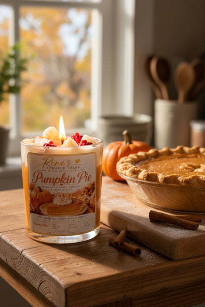 Pumpkin Pie coconut wax candle by Rene’s Scented Spark glowing on a rustic kitchen table beside a fresh pumpkin pie, cinnamon sticks, and a small pumpkin in a warm autumn setting.