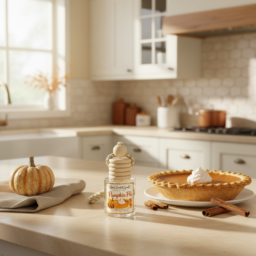 Pumpkin Pie car freshener by Rene’s Scented Spark displayed in a bright fall kitchen beside pumpkin pie, cinnamon sticks, and a small pumpkin.