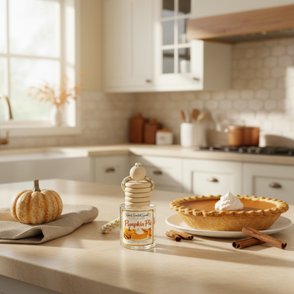 Pumpkin Pie car freshener by Rene’s Scented Spark displayed in a bright fall kitchen beside pumpkin pie, cinnamon sticks, and a small pumpkin.