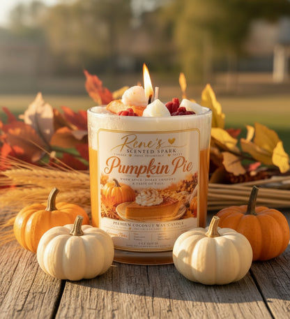 Pumpkin Pie coconut wax candle by Rene’s Scented Spark with decorative wax toppings, styled outdoors with orange and white pumpkins, autumn leaves, and wheat in warm golden fall sunlight.