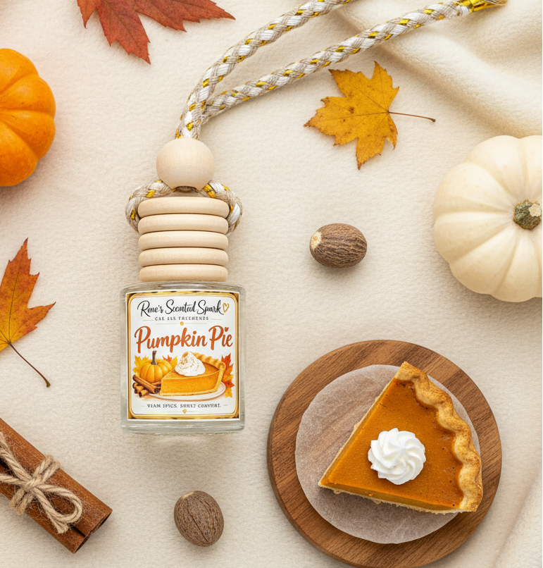 Pumpkin Pie car freshener by Rene’s Scented Spark styled on cream fabric with pumpkin pie, mini pumpkins, nutmeg, and colorful autumn leaves.