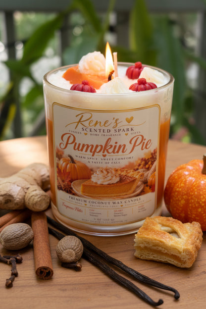 Pumpkin Pie coconut wax candle by Rene’s Scented Spark with decorative wax toppings, styled with cinnamon sticks, nutmeg, ginger, cloves, vanilla beans, pie crust, and a small pumpkin.