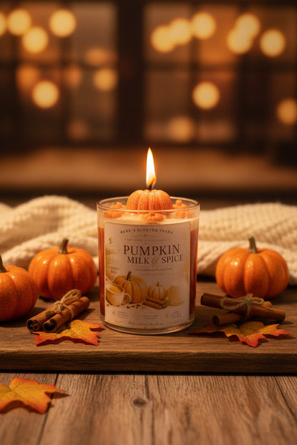 Pumpkin spice candle with pumpkins and cinnamon sticks on a wooden surface