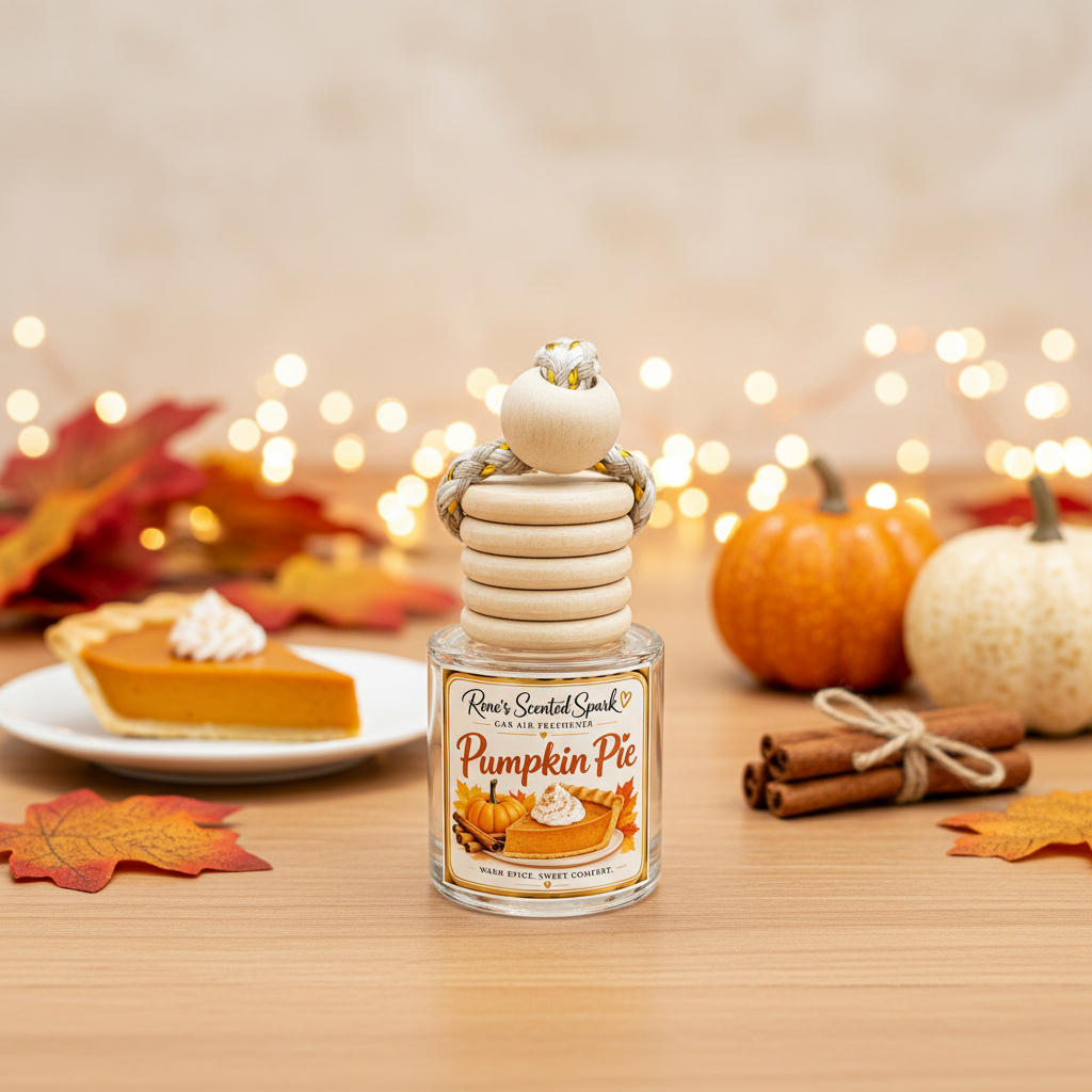 Pumpkin Pie car freshener by Rene’s Scented Spark displayed in a cozy fall setting with pumpkin pie, mini pumpkins, cinnamon sticks, autumn leaves, and warm lights.
