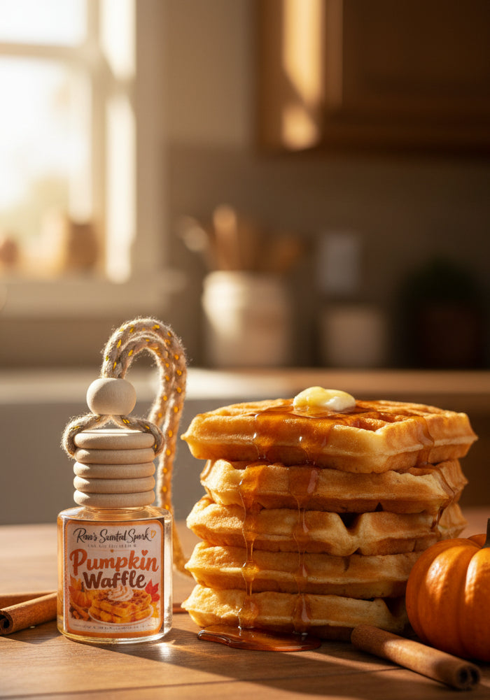 Pumpkin Waffle hanging car freshener by Rene’s Scented Spark styled beside a stack of golden waffles with maple syrup, butter, cinnamon sticks, and a small pumpkin in a warm fall kitchen.