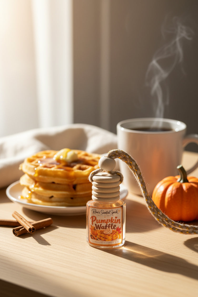 Pumpkin Waffle hanging car freshener by Rene’s Scented Spark styled on a cozy fall breakfast table with maple waffles, hot coffee, cinnamon sticks, and a small pumpkin in warm morning sunlight.