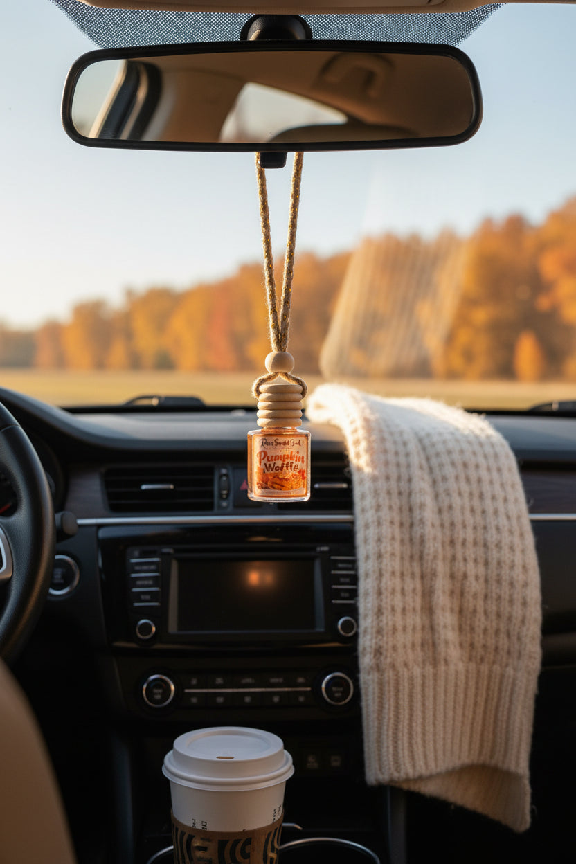 : Pumpkin Waffle hanging car freshener by Rene’s Scented Spark displayed from a rearview mirror in a cozy car with golden autumn trees, a cream knit scarf, and coffee in the background.