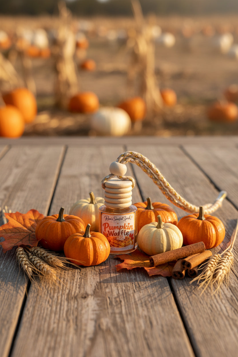 Pumpkin Waffle hanging car freshener by Rene’s Scented Spark styled with miniature orange and cream pumpkins, cinnamon sticks, wheat, and autumn leaves in a warm rustic pumpkin patch setting.
