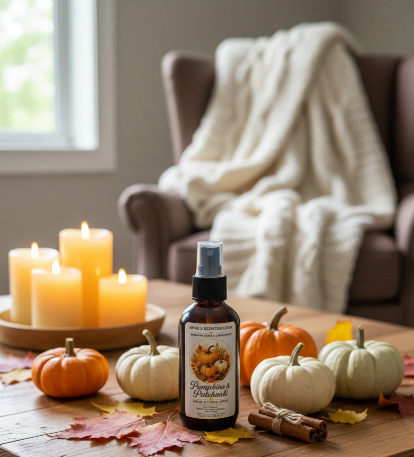 Pumpkins & Patchouli room spray by Rene’s Scented Spark displayed with orange and white pumpkins, cinnamon sticks, autumn leaves, glowing candles, and a cozy chair with a cream blanket