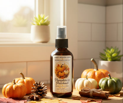 Pumpkins & Patchouli room spray by Rene’s Scented Spark in an amber spray bottle, surrounded by orange and white pumpkins, acorns, and colorful autumn leaves on a cozy fall table.