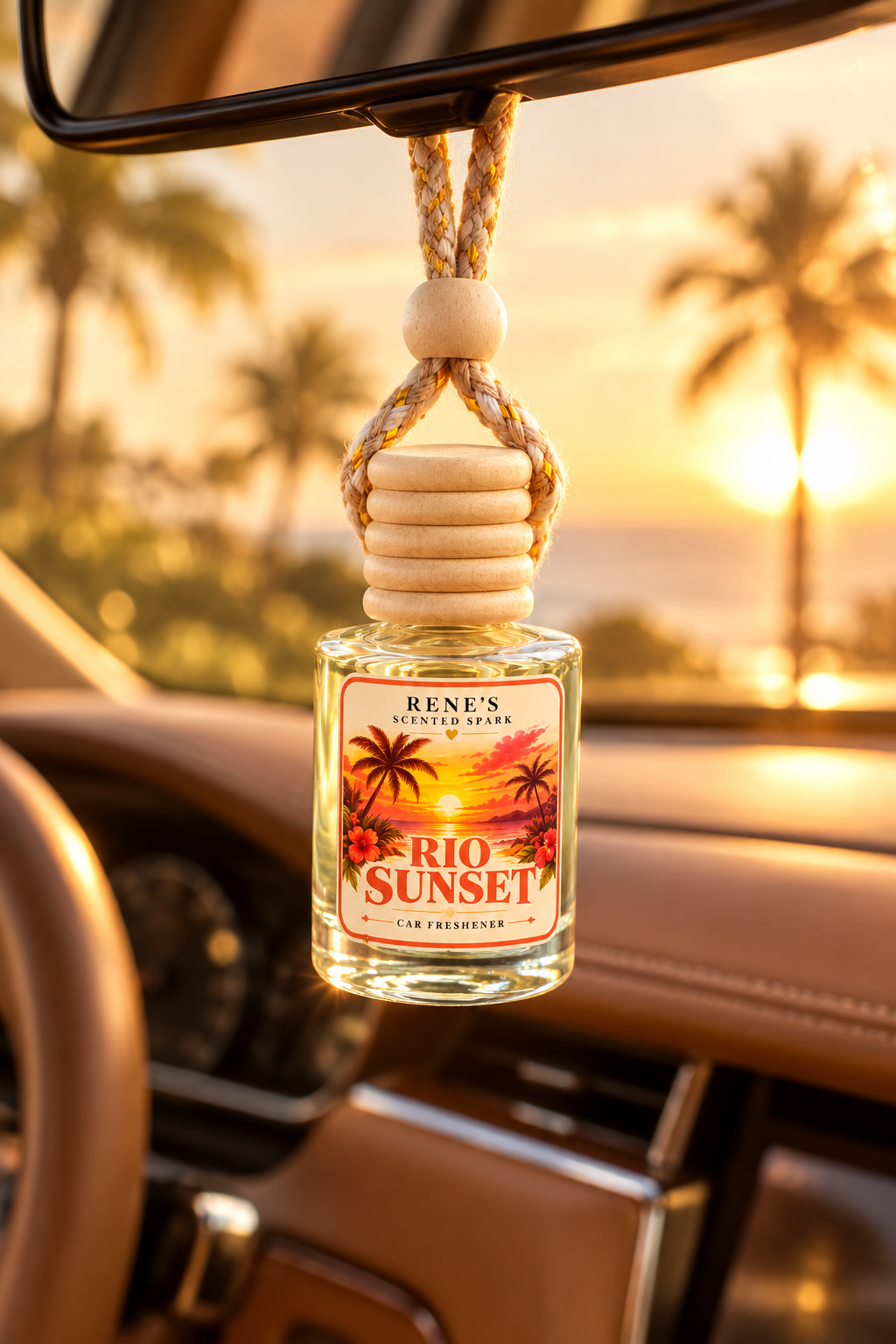 Rio Sunset car freshener hanging from a rearview mirror with sunset light and palm trees outside