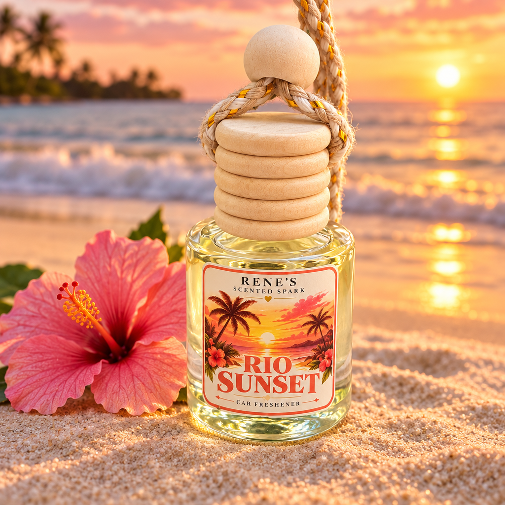 Rio Sunset car freshener on a tropical beach at sunset with a pink hibiscus flower