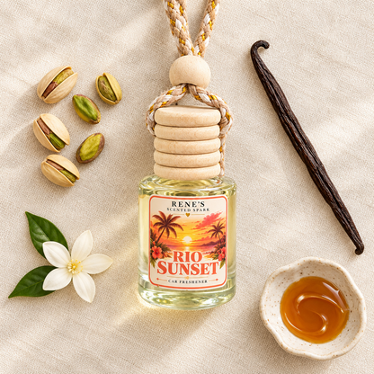 Rio Sunset caramel pistachio car freshener on cream linen with pistachios, vanilla bean and jasmine