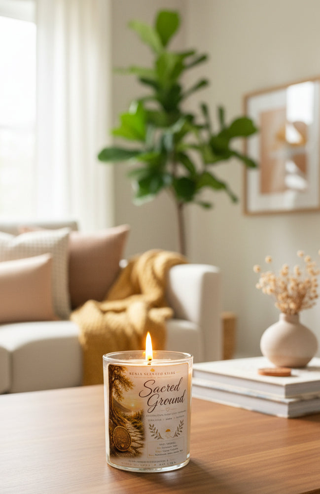 Personalized Sacred Ground recovery candle displayed in a peaceful living room with books and cozy home décor. Handmade coconut wax candle featuring a custom sobriety milestone coin, celebrating recovery, hope, healing, and every step forward.