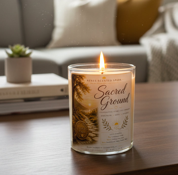 Personalized Sacred Ground recovery candle displayed in a cozy living room with books and soft home décor. Handmade coconut wax candle featuring a custom sobriety milestone coin, celebrating recovery, hope, healing, and every step forward.