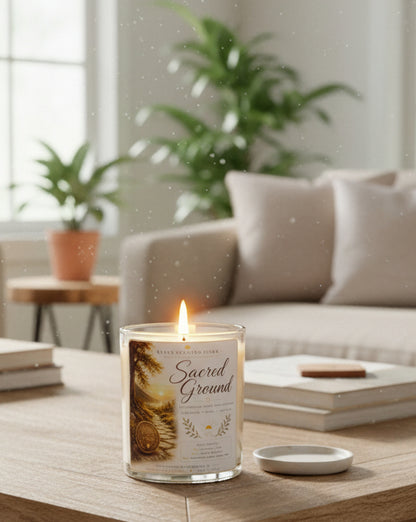 Personalized Sacred Ground recovery candle displayed in a bright, peaceful living room with books and greenery. Handmade coconut wax candle featuring a custom sobriety milestone coin, celebrating recovery, hope, healing, and every step forward.