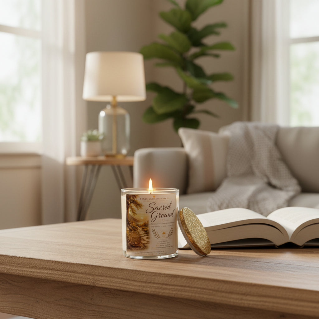 Personalized Sacred Ground recovery candle displayed beside an open book in a cozy living room. Handmade coconut wax candle featuring a custom sobriety milestone coin, celebrating recovery, hope, healing, and every milestone achieved.