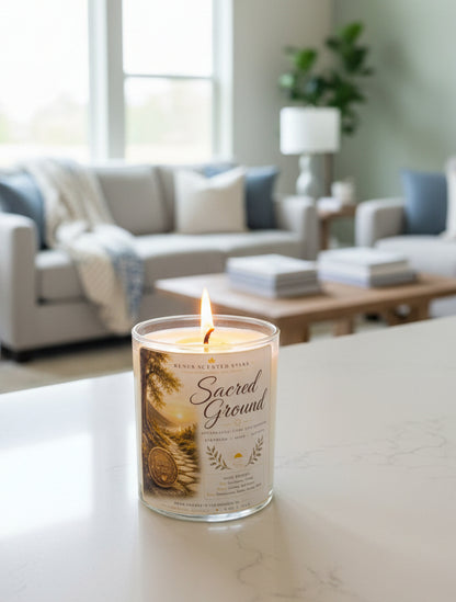 Personalized Sacred Ground recovery candle displayed in a bright, peaceful living room. Handmade coconut wax candle featuring a custom sobriety milestone coin, celebrating sobriety anniversaries, recovery milestones, hope, healing, and every step forward.