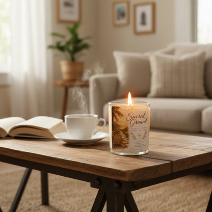 Personalized Sacred Ground recovery candle displayed beside a steaming coffee cup and open book in a cozy living room. Handmade coconut wax candle featuring a custom sobriety milestone coin, celebrating recovery, hope, healing, and every milestone achieved.