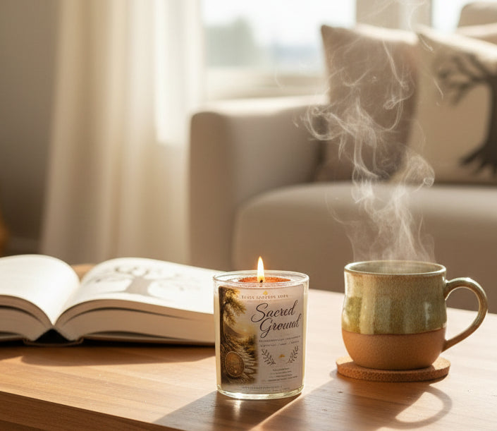 Personalized Sacred Ground recovery candle displayed beside a steaming coffee mug and open book. Handmade coconut wax candle featuring a custom sobriety milestone coin, celebrating recovery, hope, healing, and every step forward.