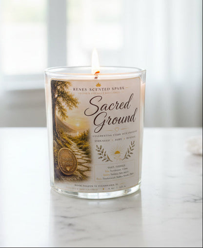 Personalized Sacred Ground recovery candle featuring a custom sobriety milestone coin and peaceful pathway artwork. Handmade coconut wax candle celebrating sobriety anniversaries, recovery milestones, hope, healing, and new beginnings.