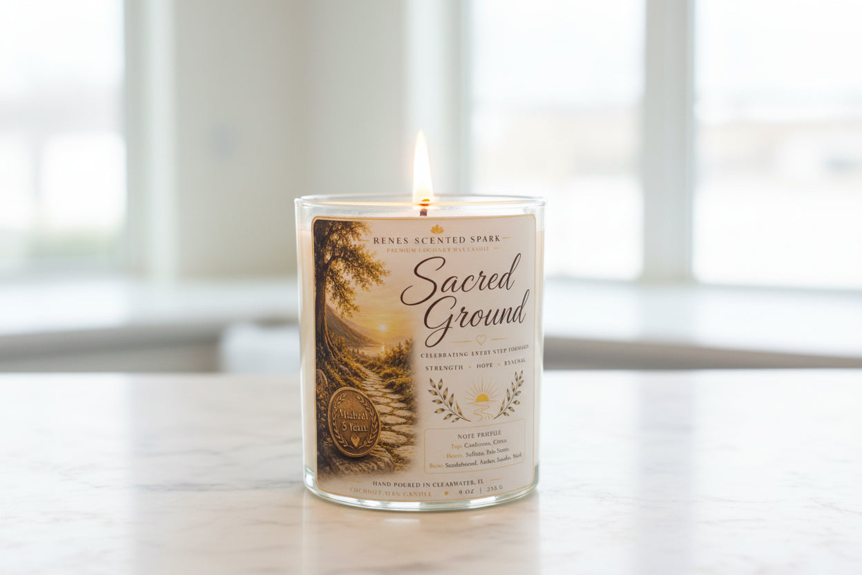 Personalized sobriety candle with a custom recovery milestone coin, Sacred Ground label, and premium coconut wax. Handmade addiction recovery gift for sobriety anniversaries, recovery milestones, encouragement, hope, healing, and personalized milestone celebrations.
