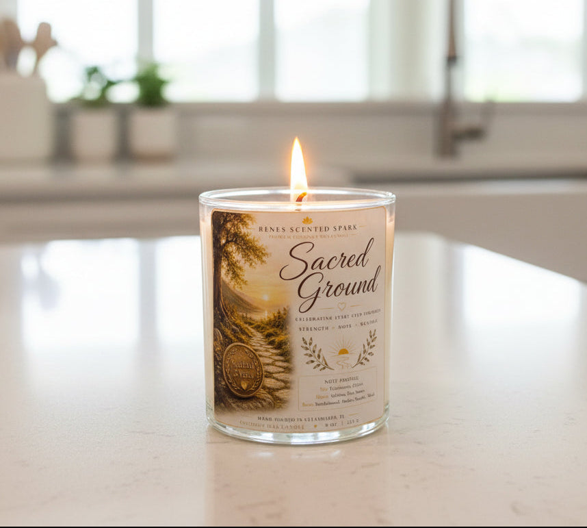 Personalized Sacred Ground recovery candle with a custom sobriety milestone coin displayed in a bright, peaceful home. Handmade coconut wax candle celebrating sobriety anniversaries, recovery milestones, hope, healing, and new beginnings