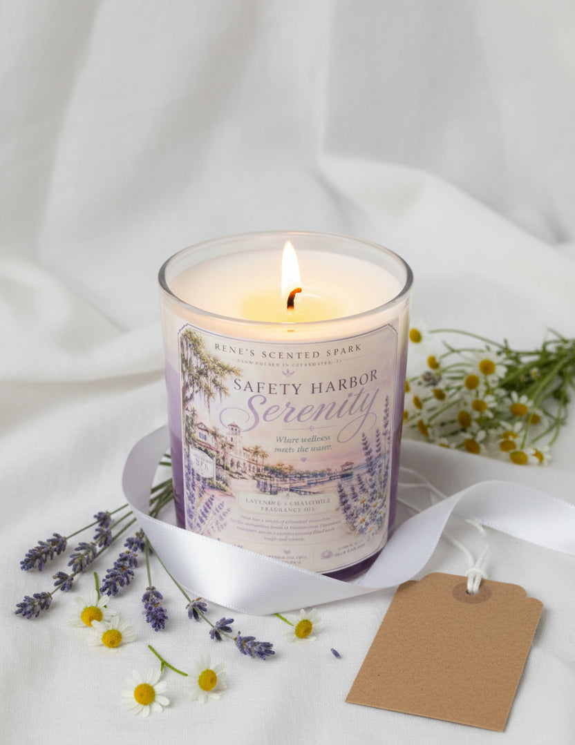  Safety Harbor Serenity candle styled as a gift with lavender sprigs and a gift tag on a soft surface