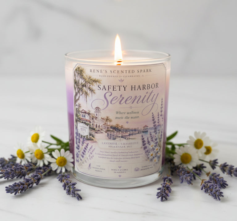 Safety Harbor Serenity lavender chamomile candle glowing surrounded by fresh lavender and white chamomile flowers on a soft white surface