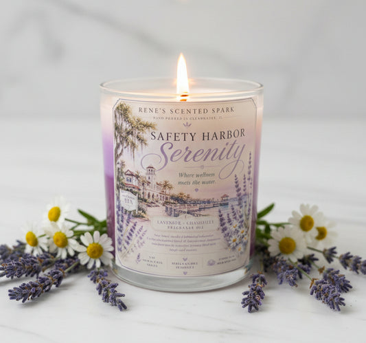 Safety Harbor Serenity lavender chamomile candle glowing surrounded by fresh lavender and white chamomile flowers on a soft white surface