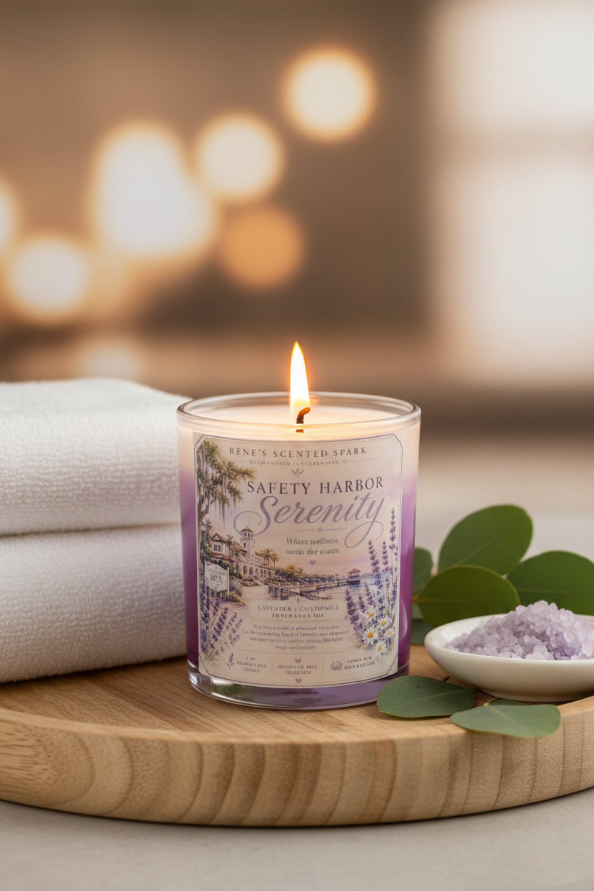  Safety Harbor Serenity candle glowing warmly on a wooden tray with soft bokeh lighting in a cozy serene atmosphere
